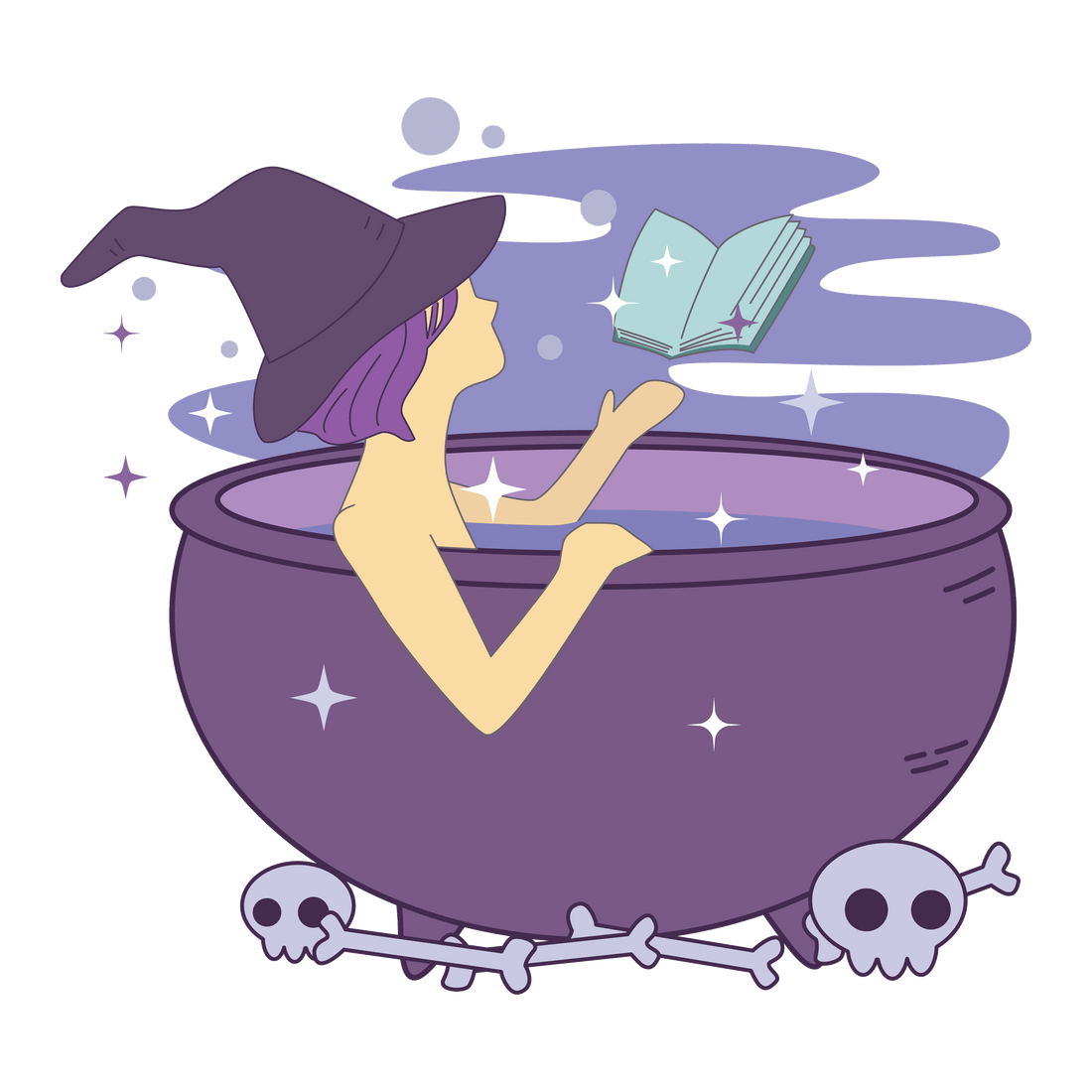 a witchy woman in a cauldron bubble bath reading a book about horror soap