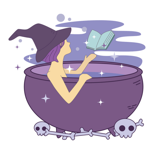 a witchy woman in a cauldron bubble bath reading a book about horror soap